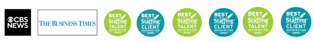 New Scion Staffing Awards our recruiting firm has won. CBS News, Inc. 5000, Best of Staffing for Client and Talent 2025, 2024, and 2023 can be seen.