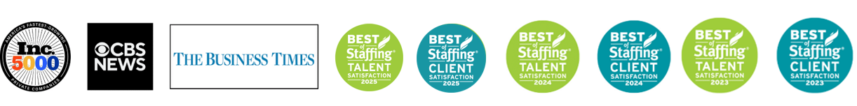 New Scion Staffing Awards our recruiting firm has won. CBS News, Inc. 5000, Best of Staffing for Client and Talent 2025, 2024, and 2023 can be seen.