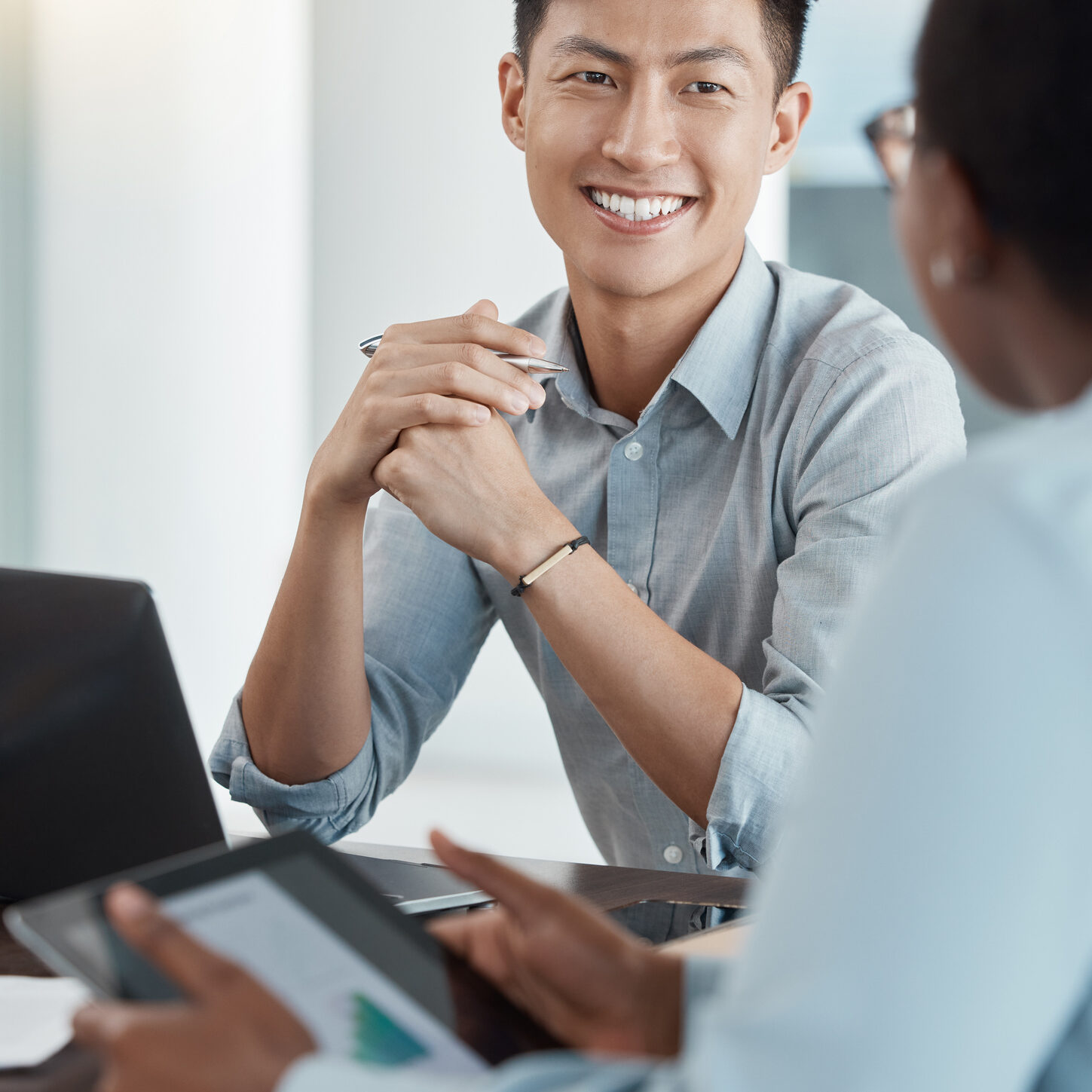 Recruiting Agencies Dallas - Collaboration, business people or tablet planning in meeting for marketing KPI strategy for startup company. Team building, consulting or workshop training with corporate leader, mentor or manager